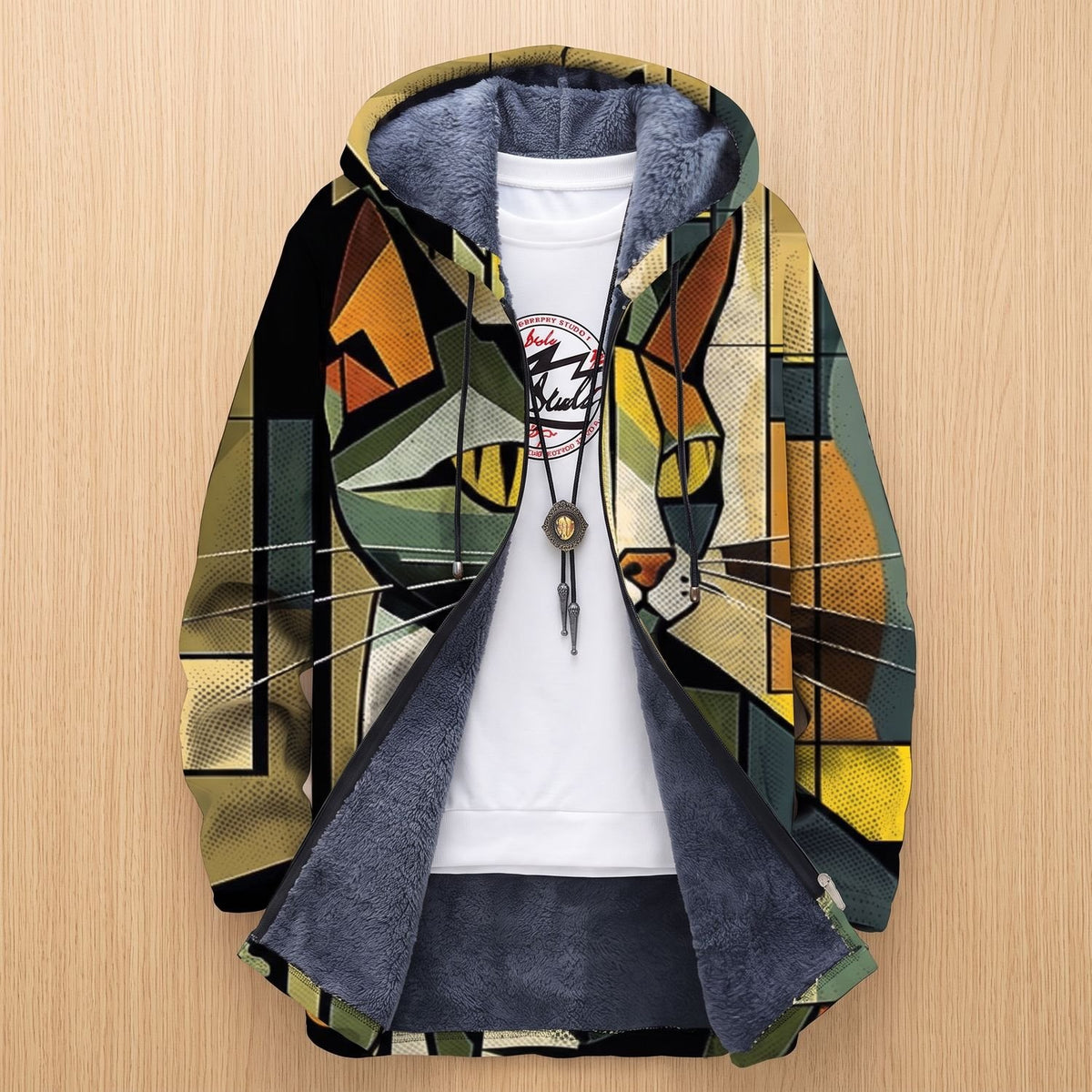Women's Geometric Cat Print Fleece-Lined Open Front Cardigan