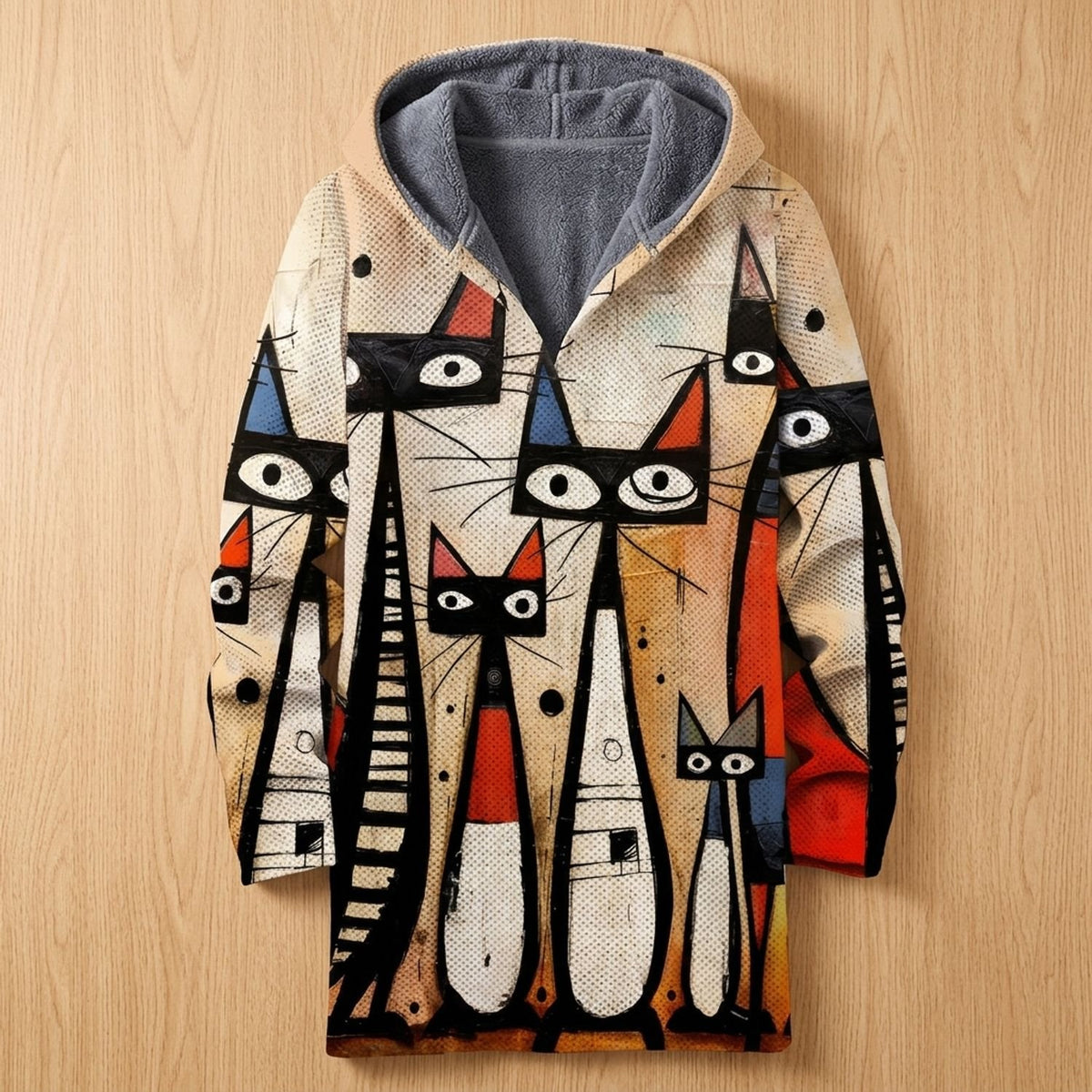 Women's Geometric Cat Print Fleece-Lined Open Front Cardigan