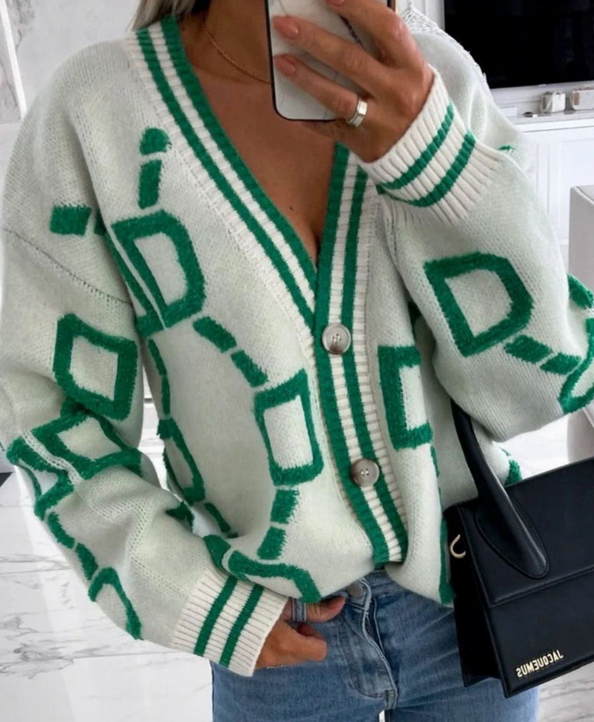 Women's Geometric Pattern Button-Up Knit Cardigan - White
