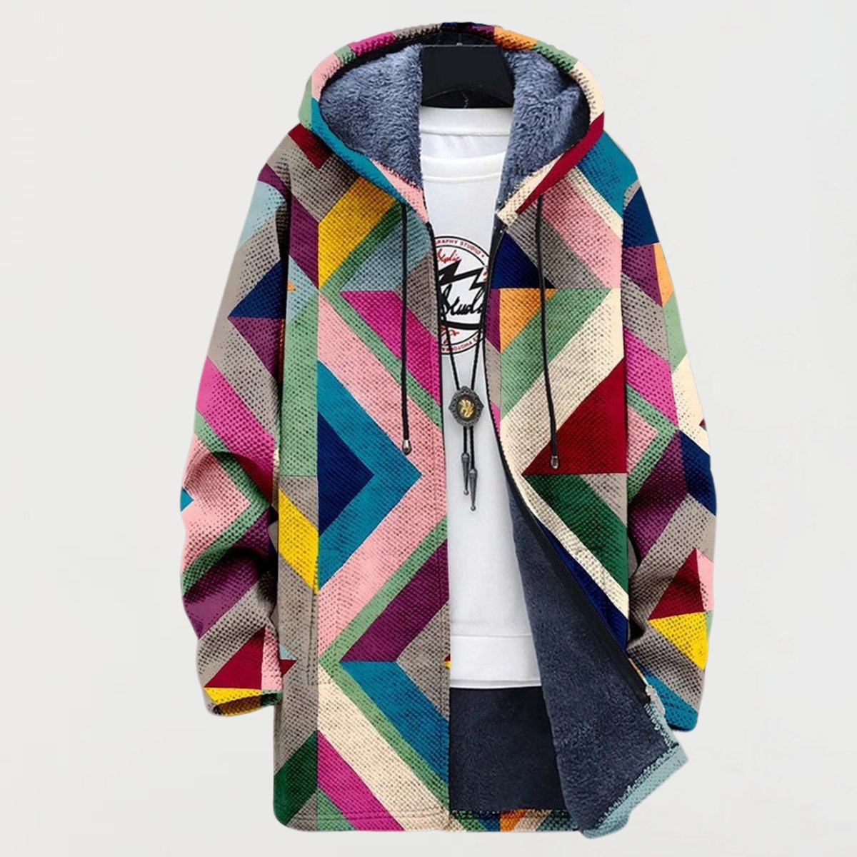 Women's Geometric Print Fleece-Lined Hooded Sweater Cardigan