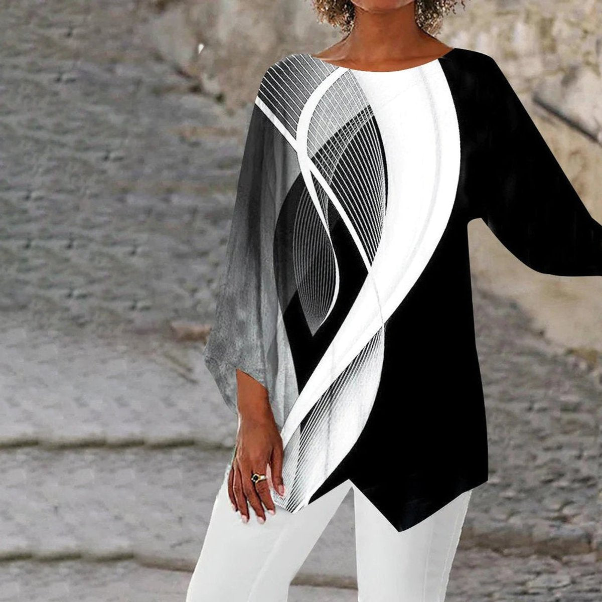 Women's Geometric Print Long Sleeve Asymmetric Tunic Top - Schwarz und weiß
