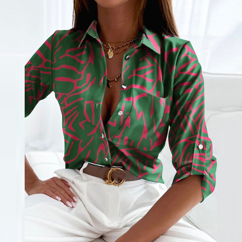 Women's Geometric Print Long-Sleeve Collared Button-Up Blouse - Green
