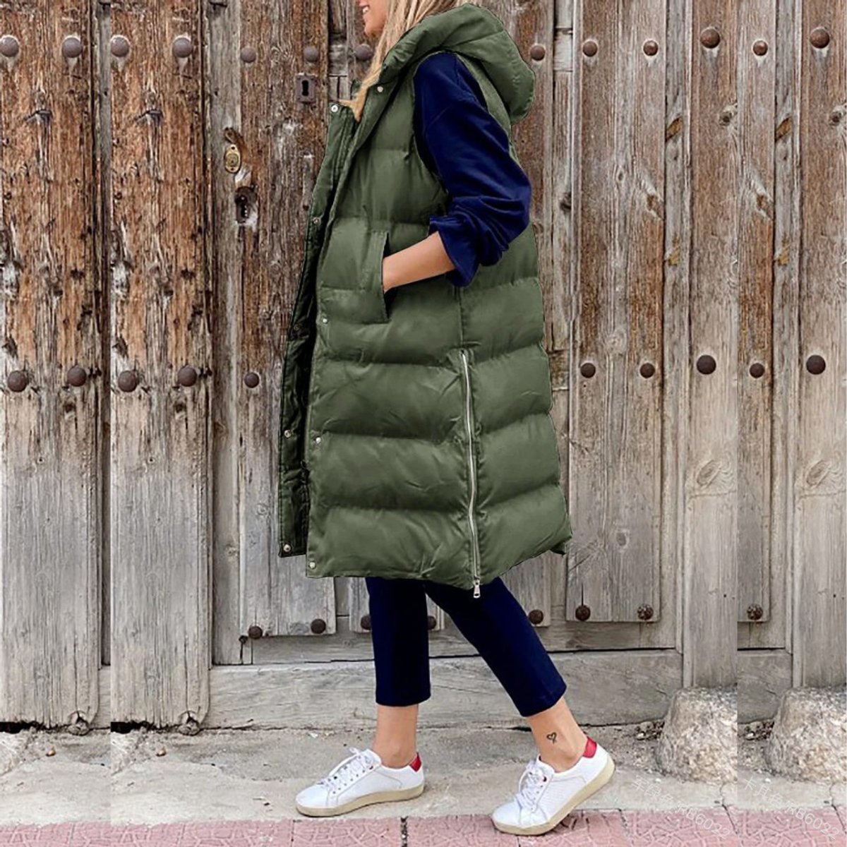 Womens Gilet Long Hooded Quilted Puffer Sleeveless Jacket - Army Green