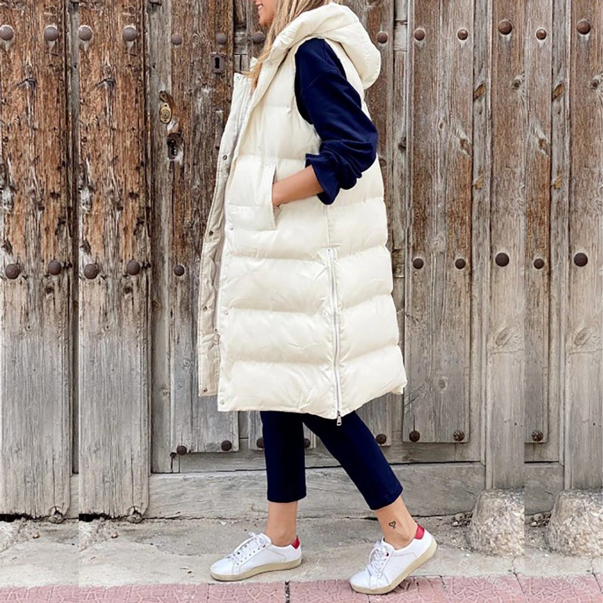 Womens Gilet Long Hooded Quilted Puffer Sleeveless Jacket - Cream
