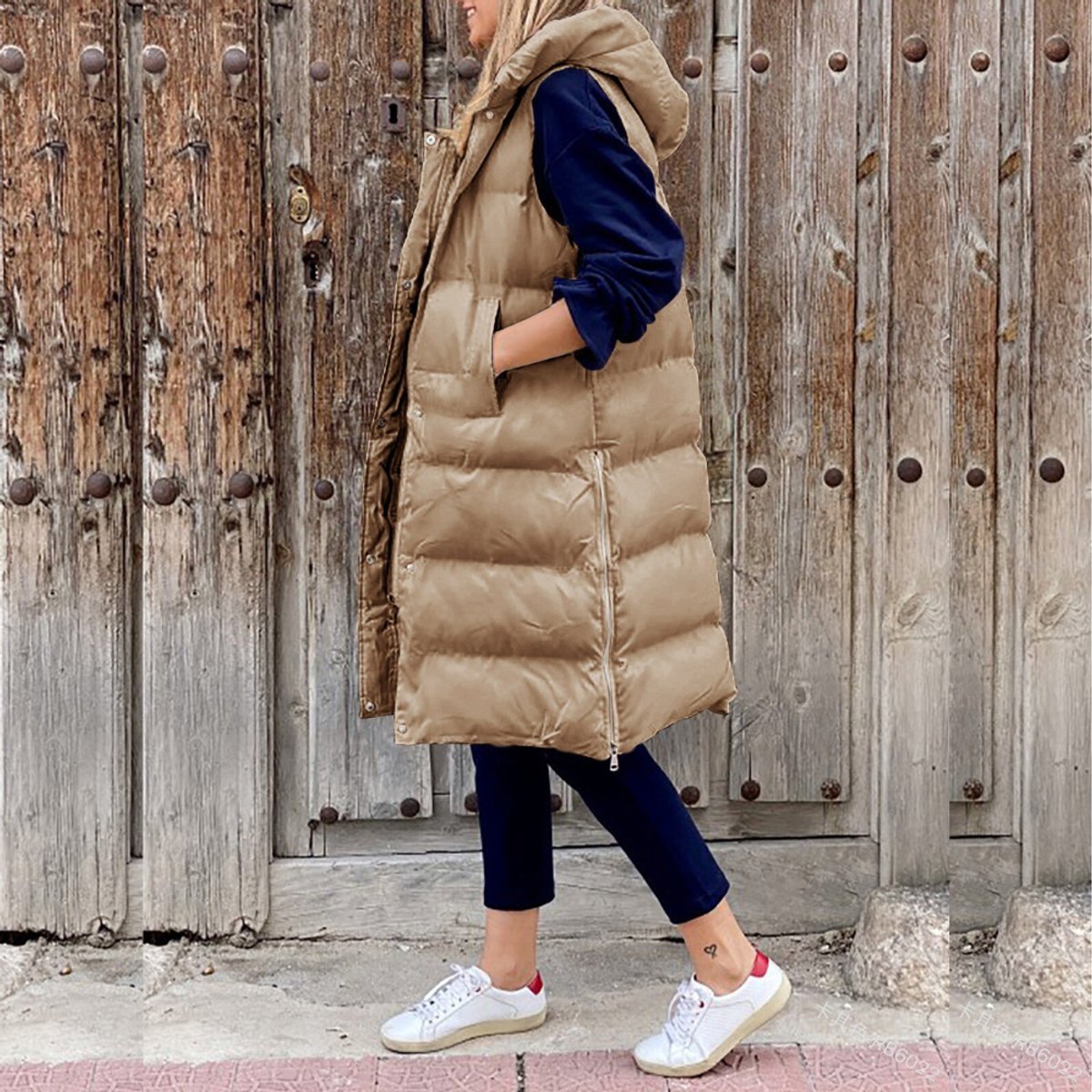 Womens Gilet Long Hooded Quilted Puffer Sleeveless Jacket - Khaki