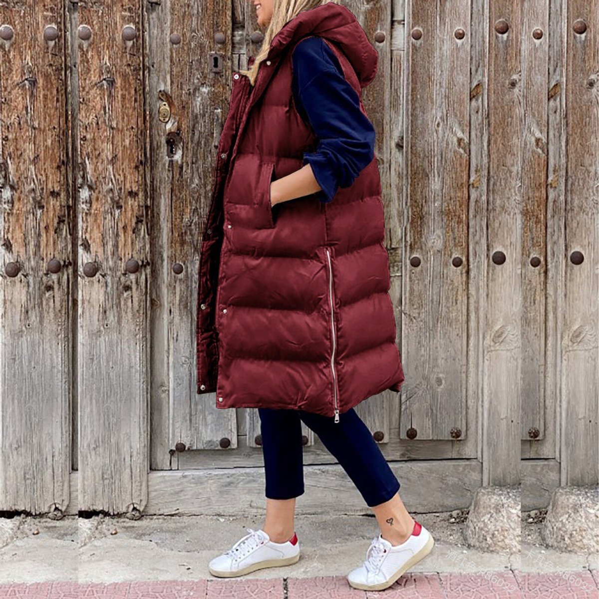 Womens Gilet Long Hooded Quilted Puffer Sleeveless Jacket - Burgundy