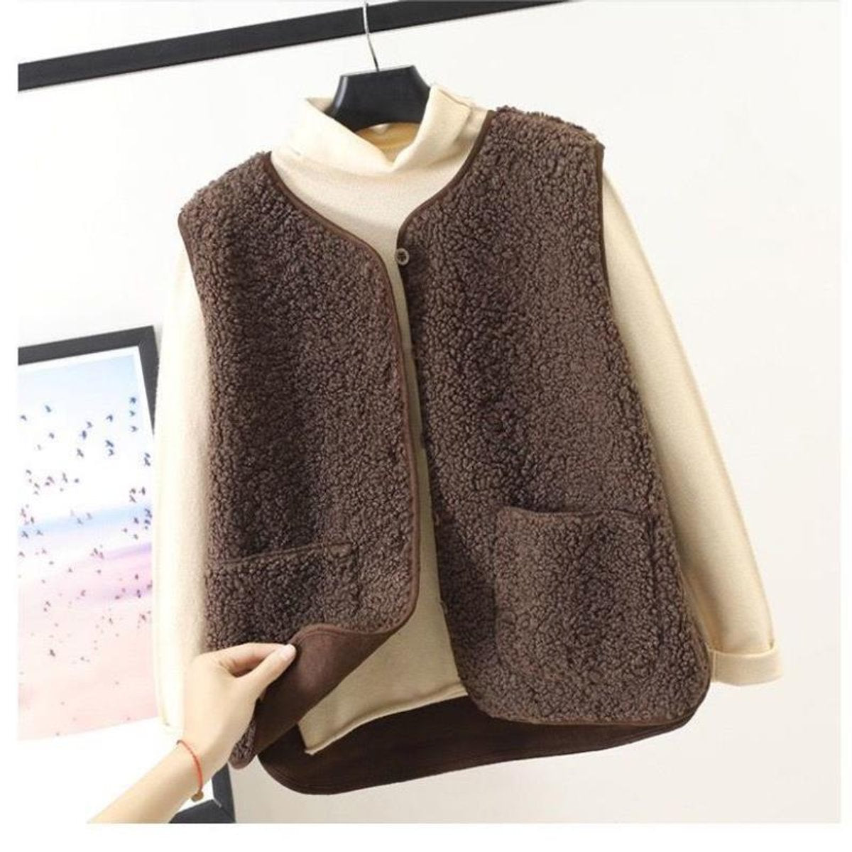 Womens Gilet Sleeveless Teddy Fleece Button-Front Vest - Deep Khaki
