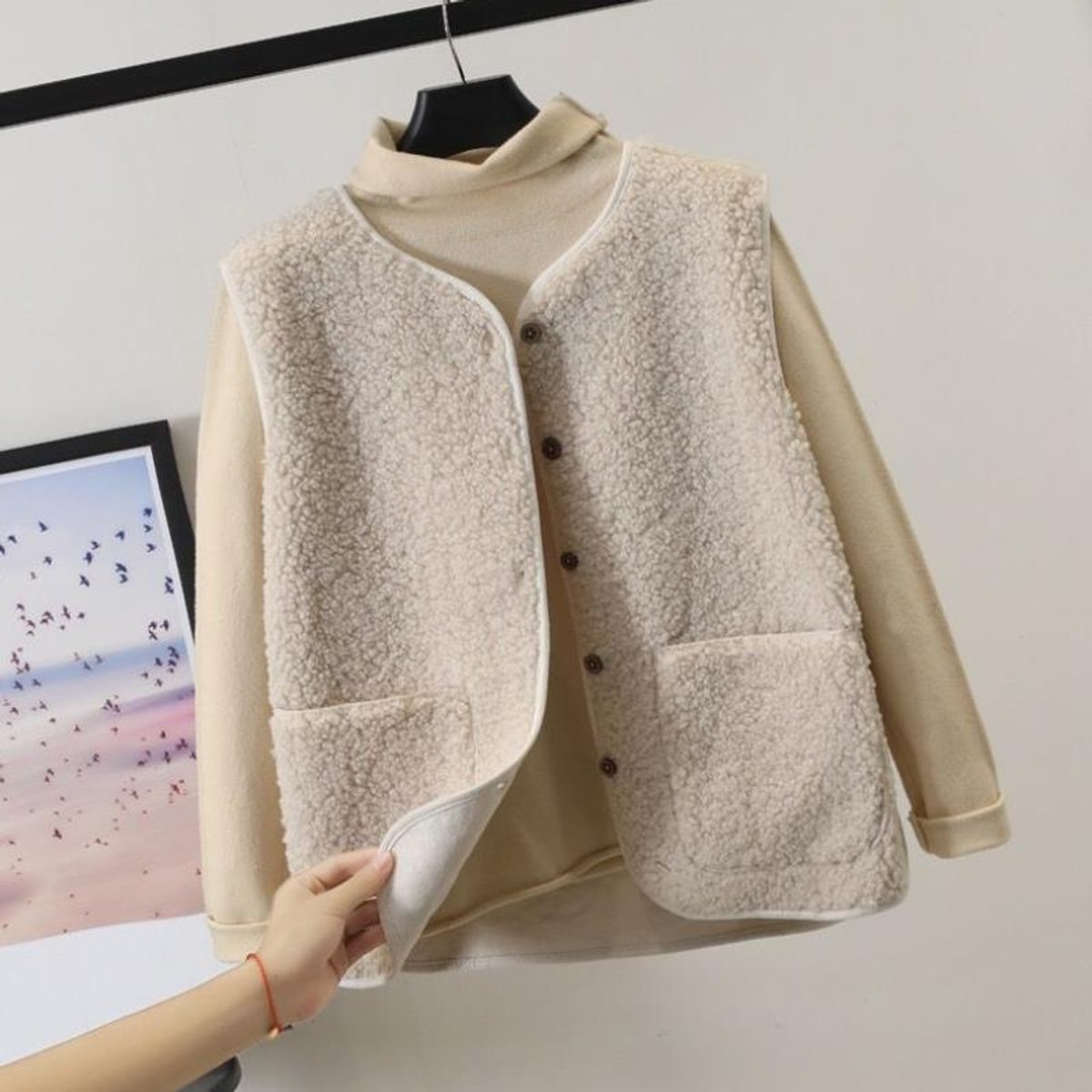 Womens Gilet Sleeveless Teddy Fleece Button-Front Vest - Beige