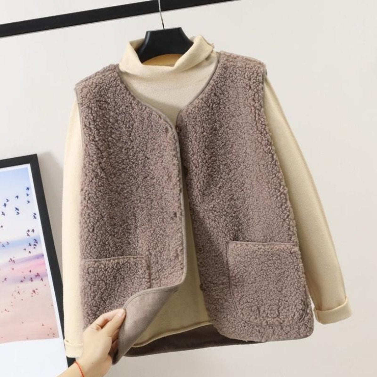 Womens Gilet Sleeveless Teddy Fleece Button-Front Vest - Light Khaki