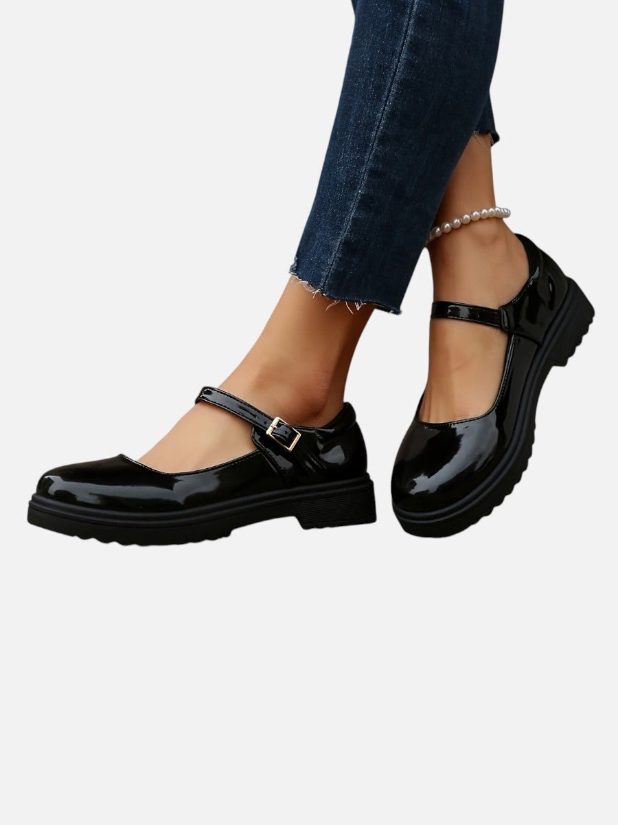 Women's Glossy Patent Mary Jane Flat Loafer Shoes - Black
