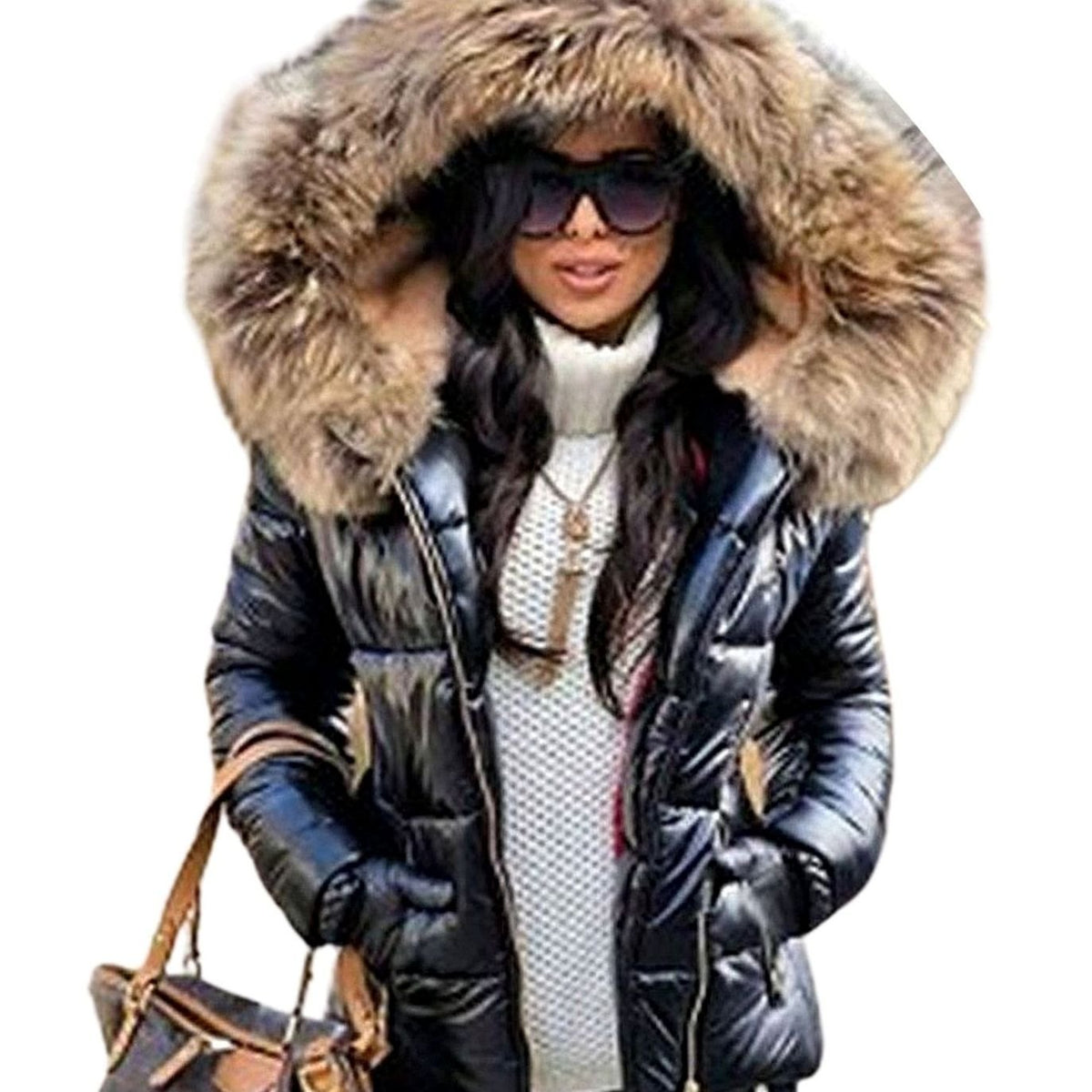Women's Glossy Quilted Down Parka Faux Fur Hood Winter Puffer - Black with Brown Hood
