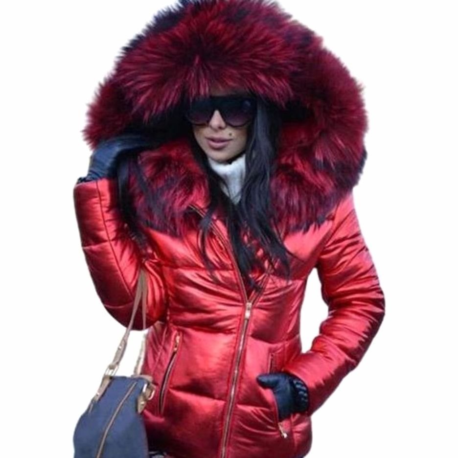 Women's Glossy Quilted Down Parka Faux Fur Hood Winter Puffer - Red