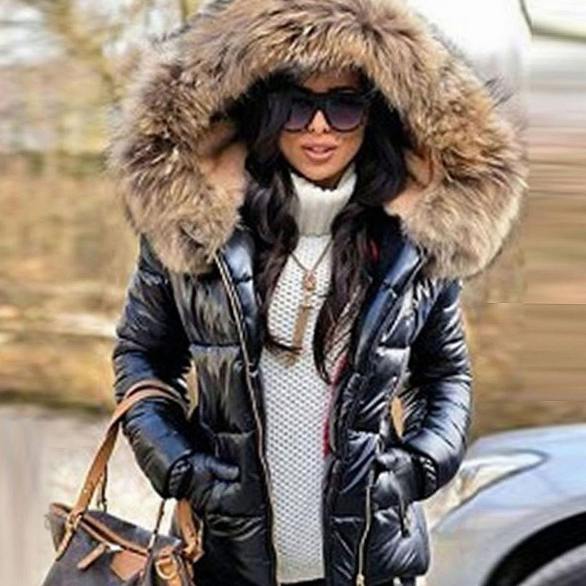 Women's Glossy Quilted Down Parka Faux Fur Hood Winter Puffer