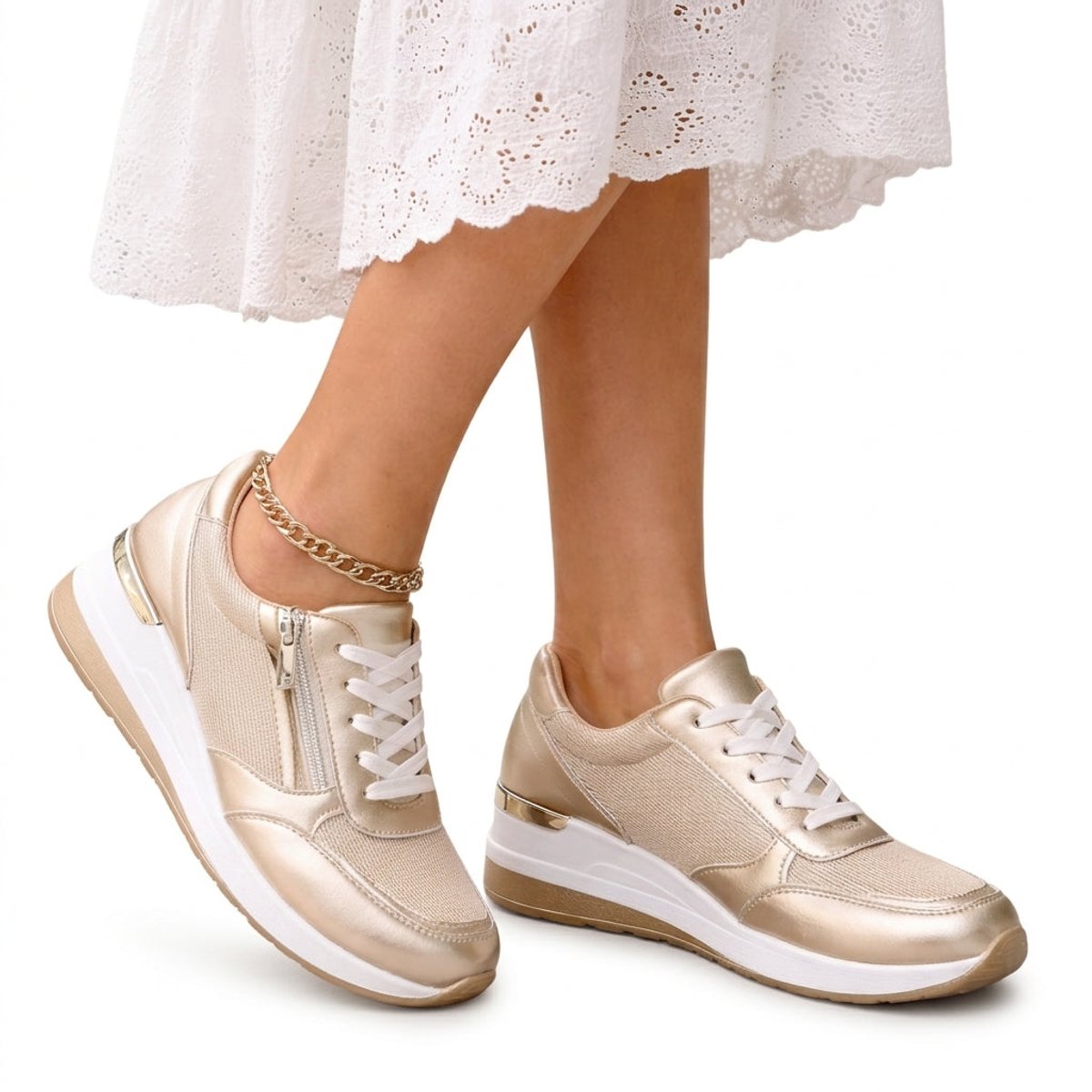 Womens Gold Metallic Lace-Up Wedge Platform Trainers - Gold