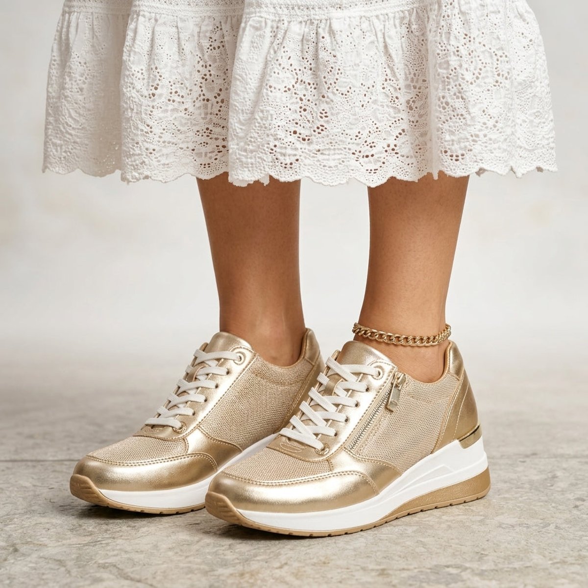 Womens Gold Metallic Lace-Up Wedge Platform Trainers