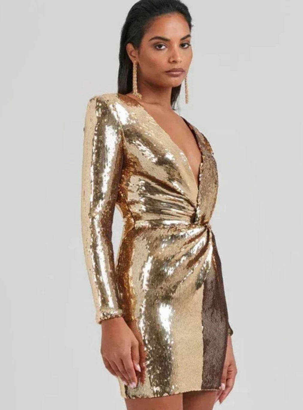 Women's Gold Sequin Long-Sleeve Draped V-Neck Mini Dress