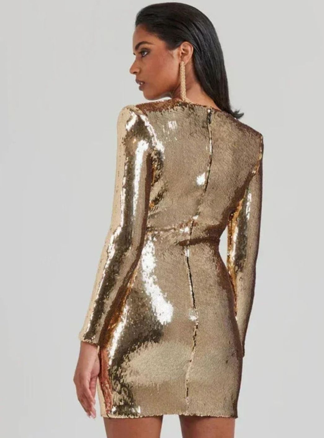 Women's Gold Sequin Long-Sleeve Draped V-Neck Mini Dress