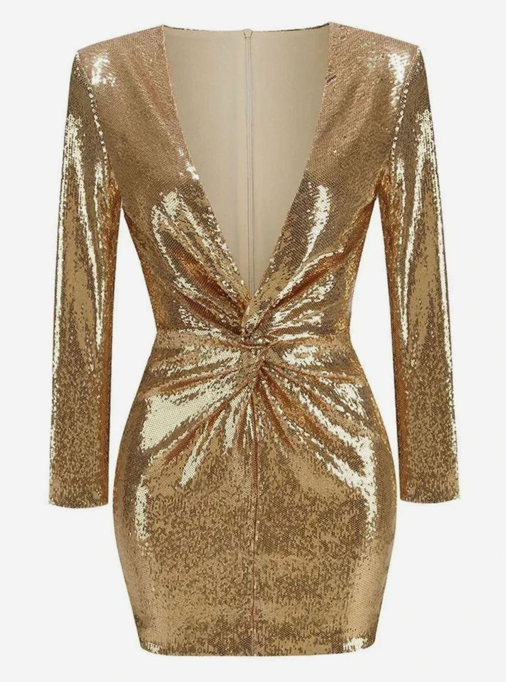 Women's Gold Sequin Long-Sleeve Draped V-Neck Mini Dress