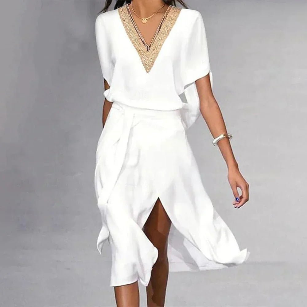 Women's Gold-Trim V-Neck Belted Asymmetric Midi Dress - White