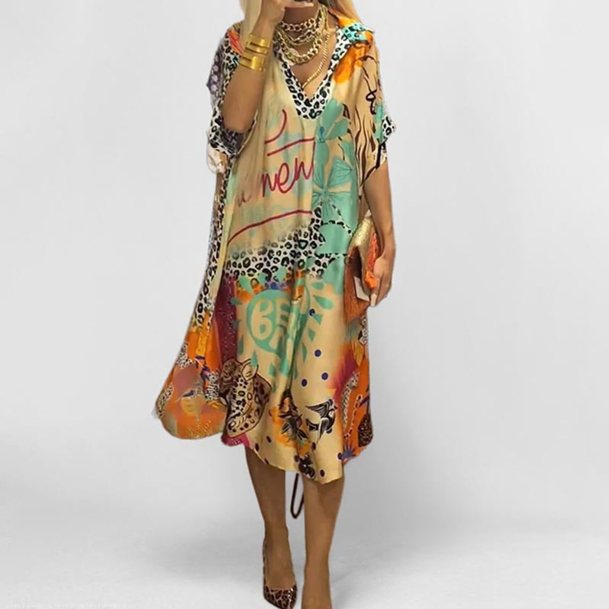 Women's Graphic Print V-Neck Swing Tunic Dress