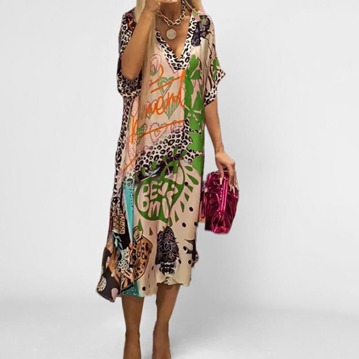 Women's Graphic Print V-Neck Swing Tunic Dress