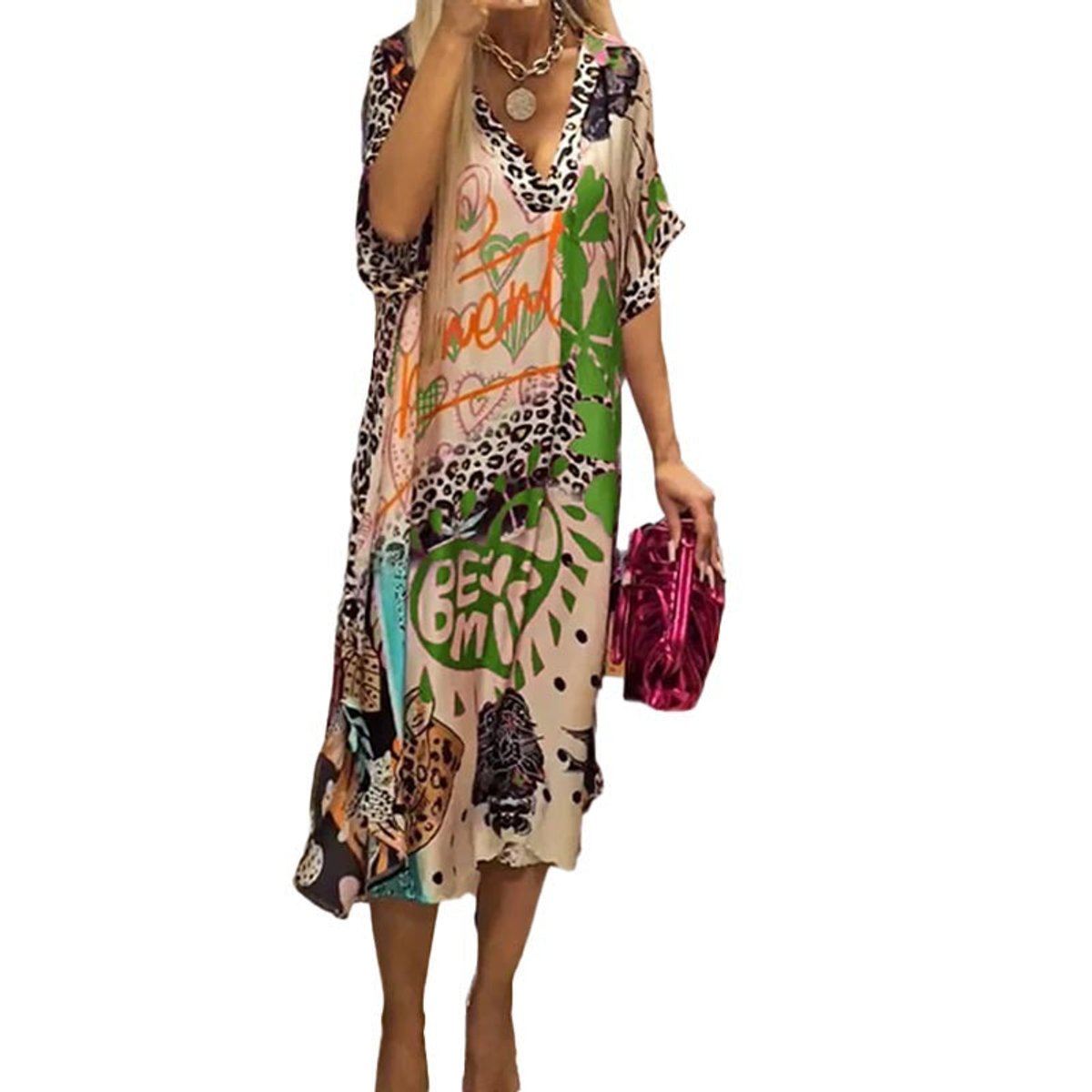 Women's Graphic Print V-Neck Swing Tunic Dress