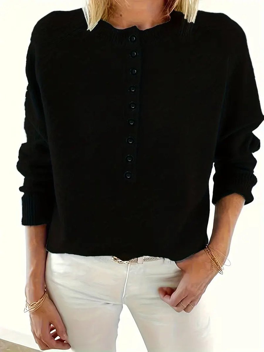 Women's Half-Button V-Neck Knit Sweater Pullover Jumper
