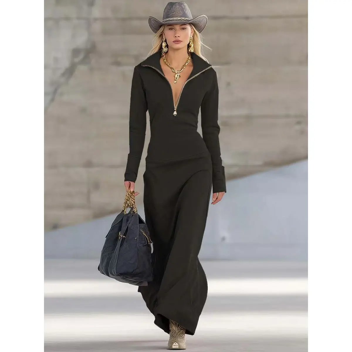 Women's Half-Zip Maxi Long Sleeve Dress Polo Collar - Black