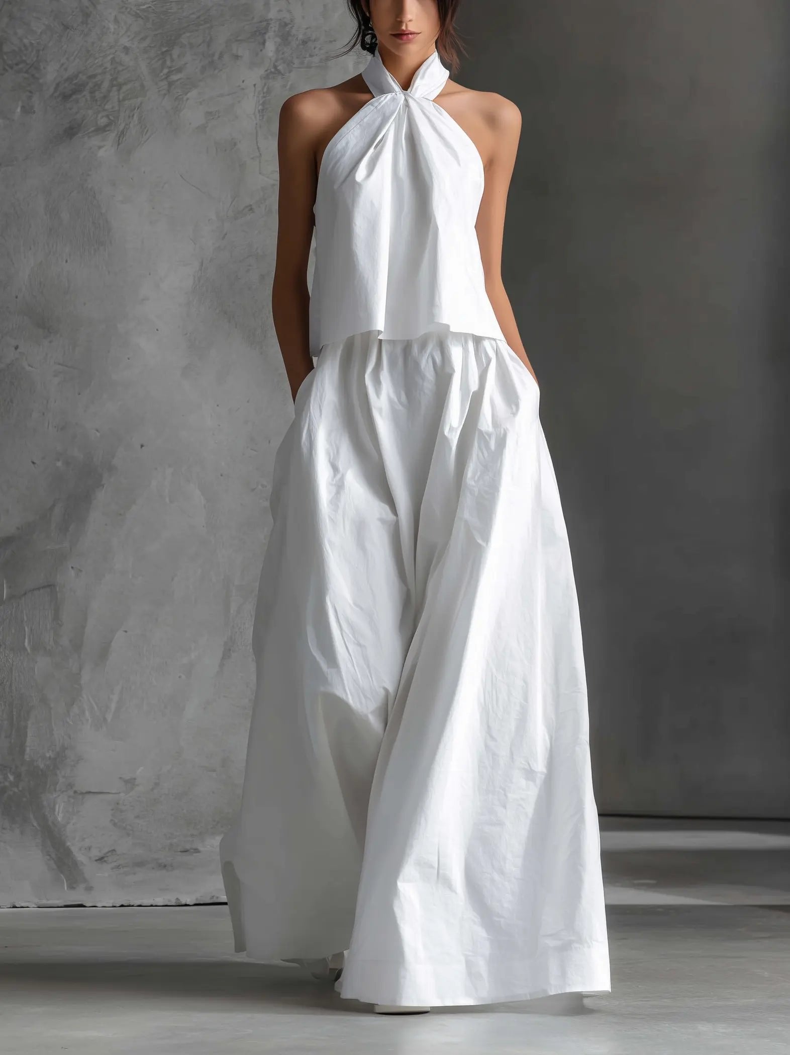 Women's Halter Neck Cotton-Linen Maxi Skirt Two-Piece Set - White