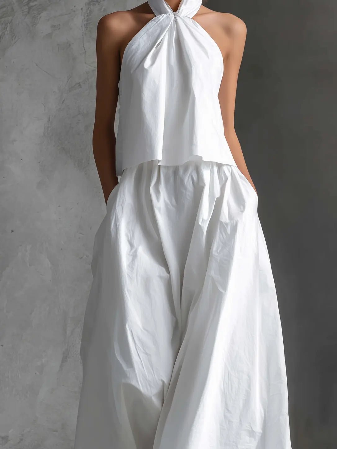 Women's Halter Neck Cotton-Linen Maxi Skirt Two-Piece Set