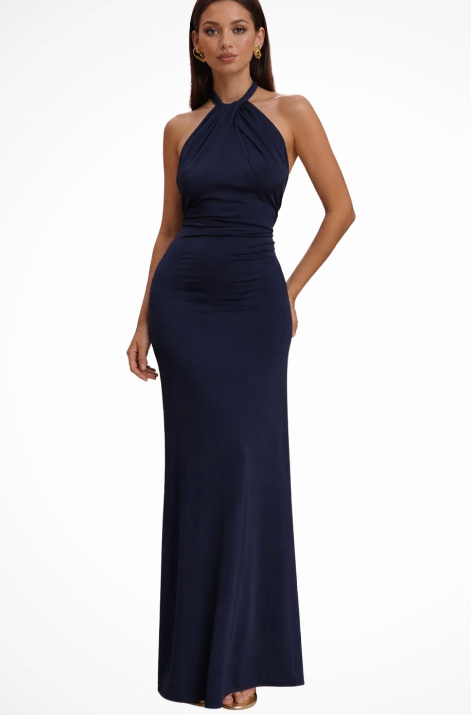 Women's Halter-Neck Open-Back Bodycon Maxi Party Dress - Navy Blue