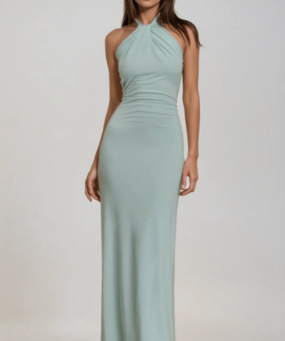 Women's Halter Neck Ruched Satin Blend Maxi Party Dress - Lagoon