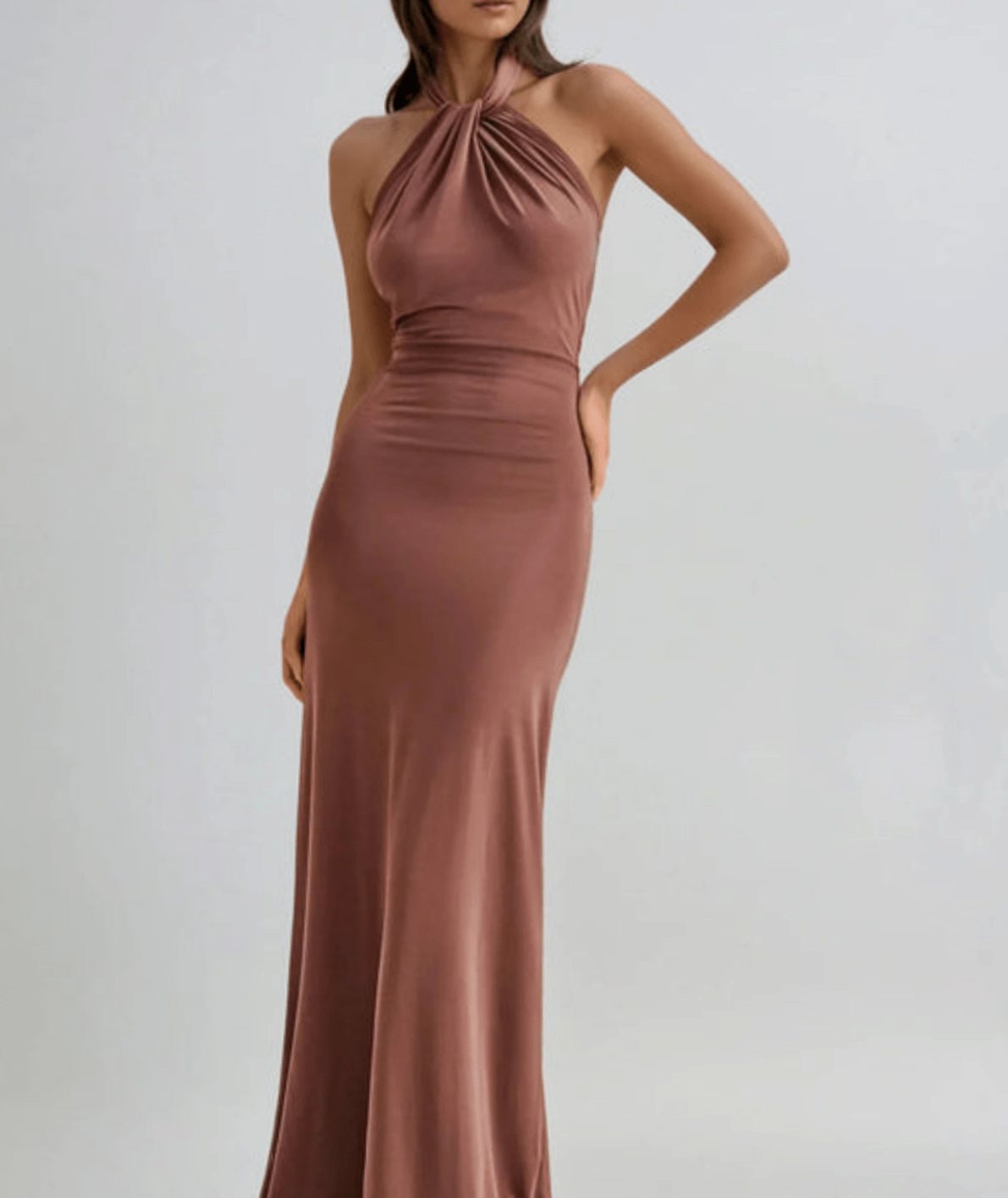 Women's Halter Neck Ruched Satin Blend Maxi Party Dress - Brown