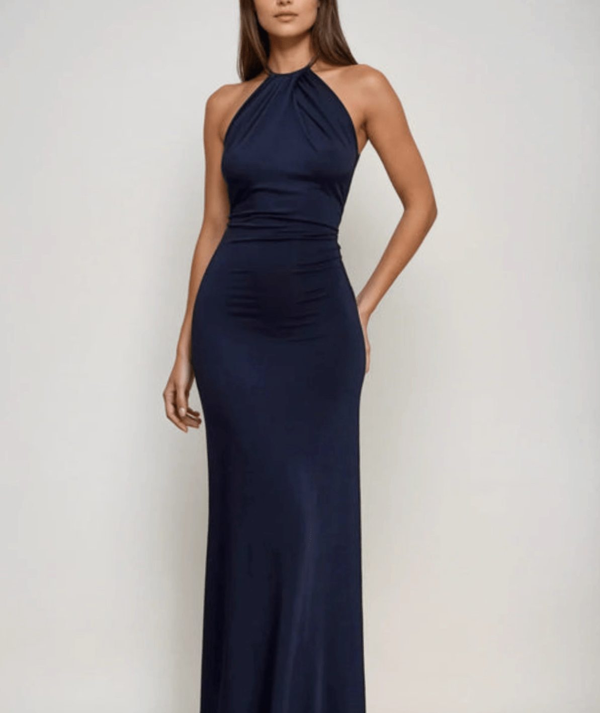 Women's Halter Neck Ruched Satin Blend Maxi Party Dress - Navy Blue