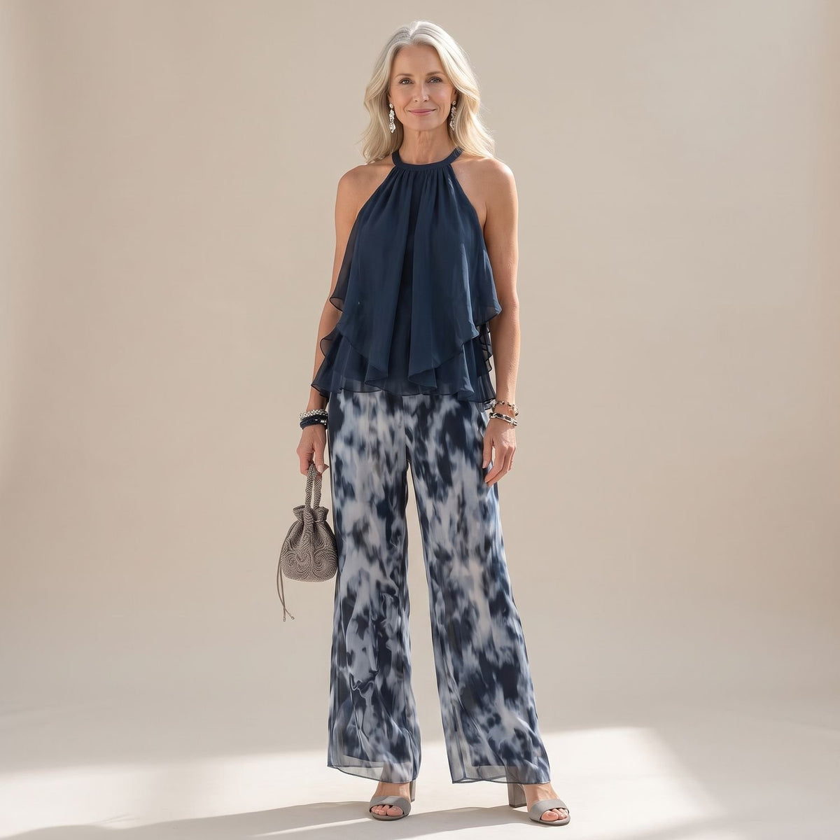 Women's Halter Neck Ruffle Chiffon Wide-Leg Coord Set