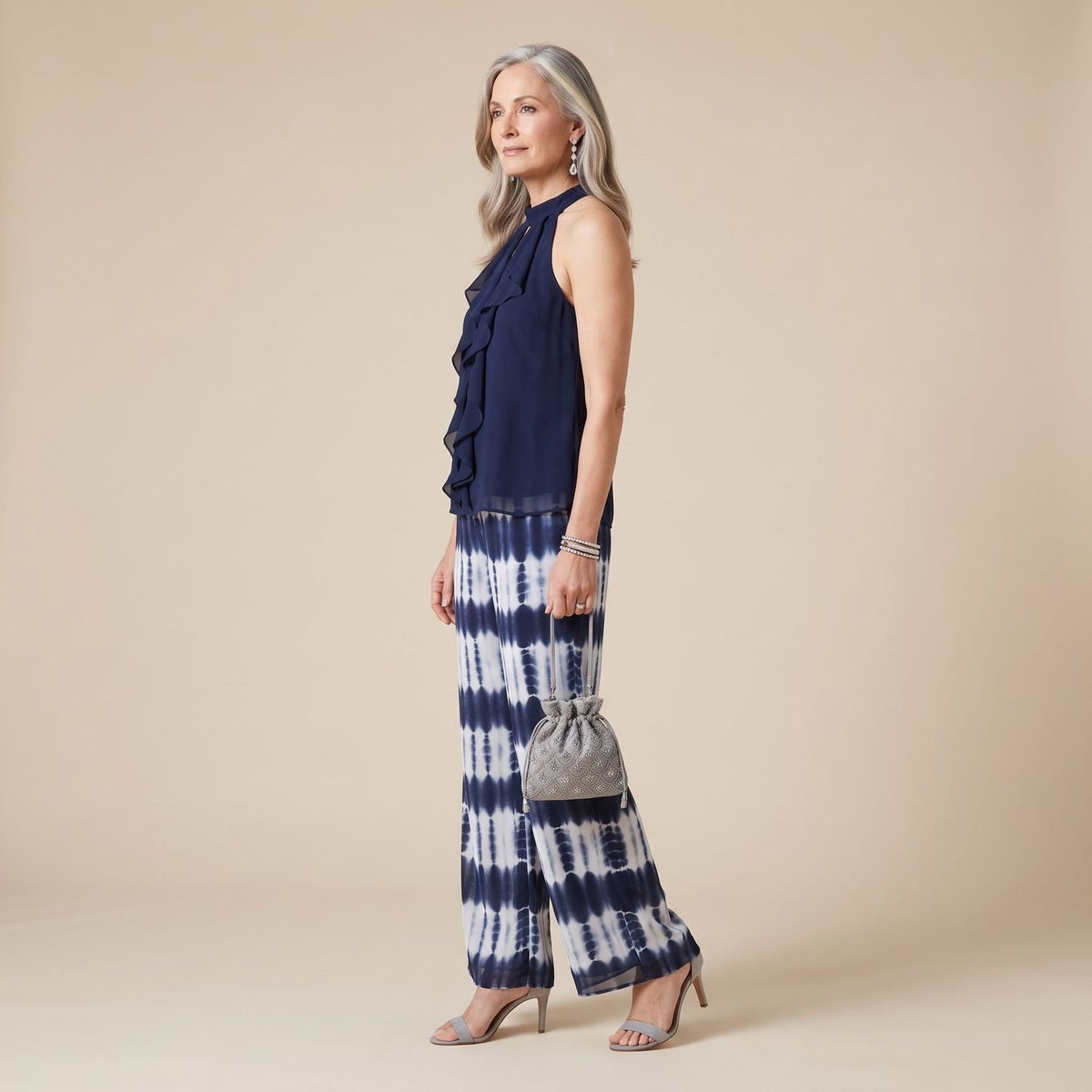 Women's Halter Neck Ruffle Chiffon Wide-Leg Coord Set