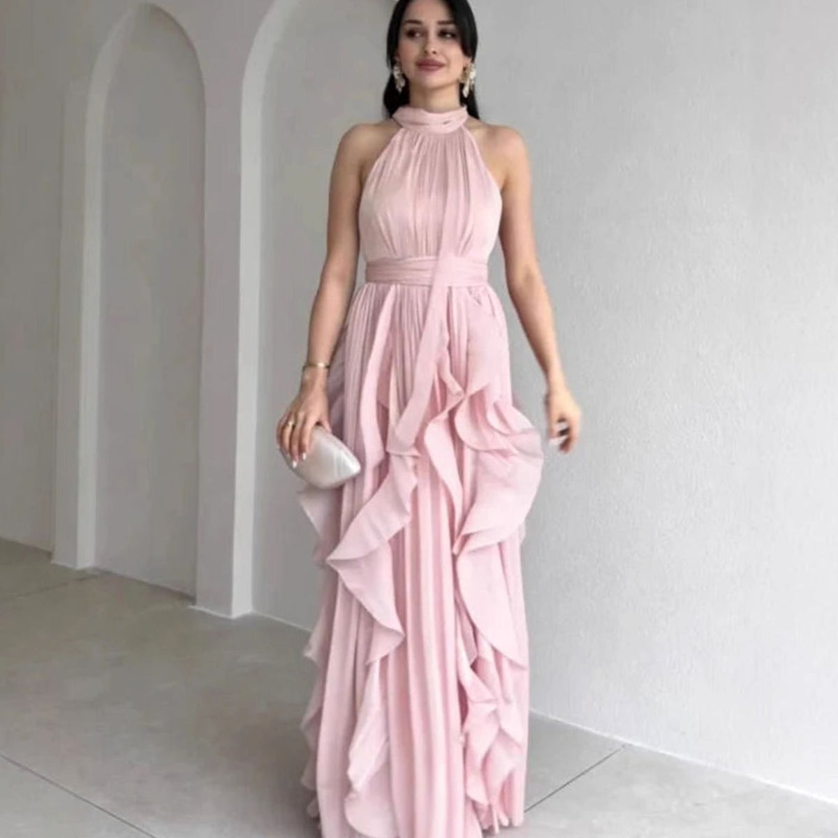 Women's Halter-Neck Ruffle-Layer Chiffon Maxi Dress - Light Pink