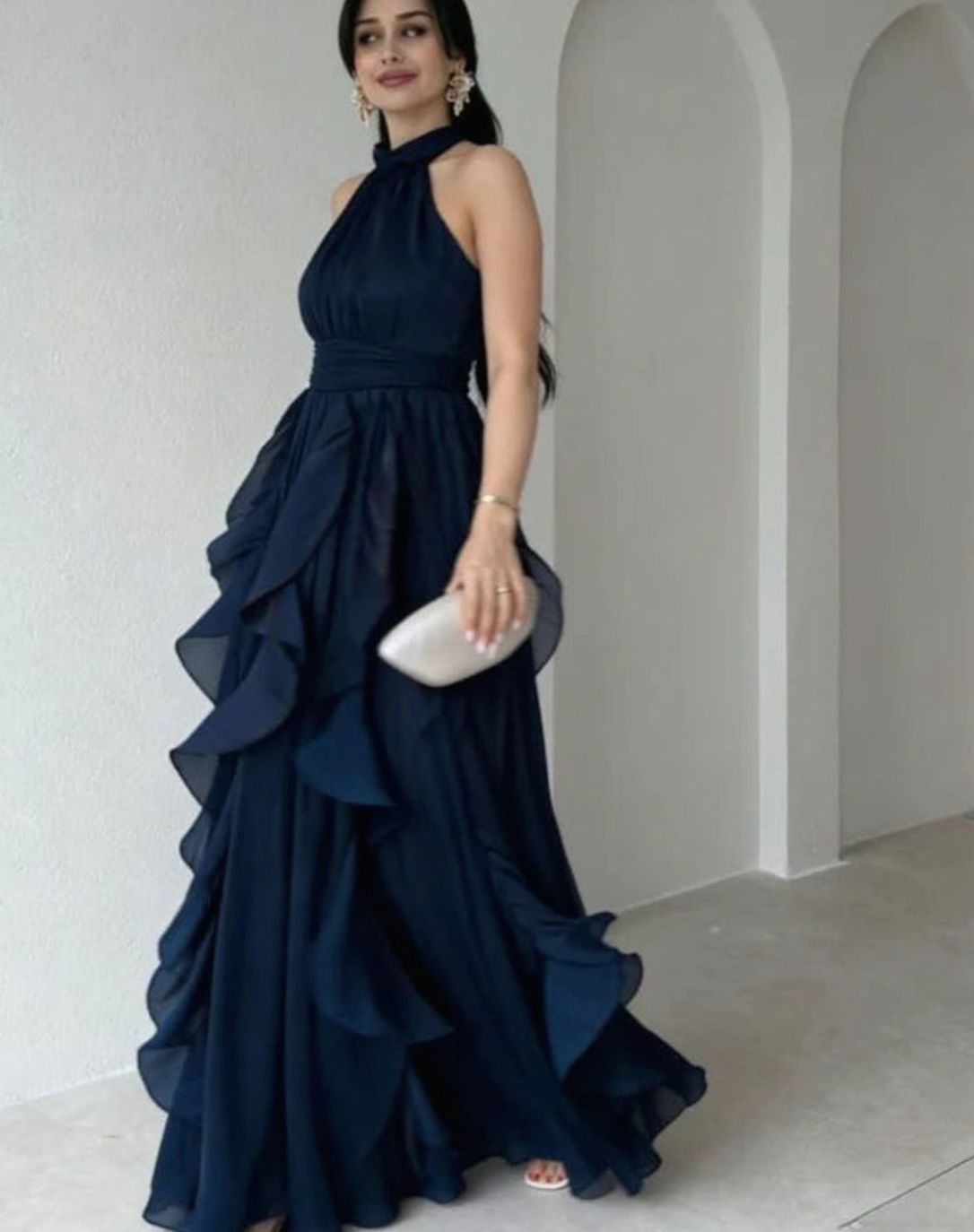 Women's Halter-Neck Ruffle-Layer Chiffon Maxi Dress - Blue