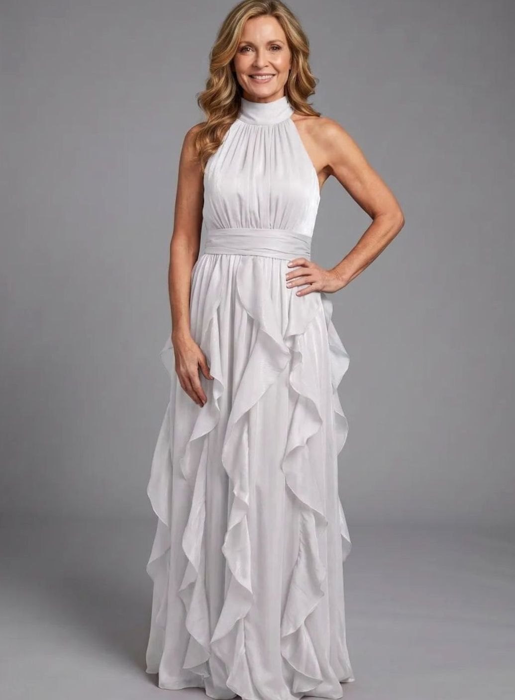 Women's Halter-Neck Ruffle-Layer Chiffon Maxi Dress - White