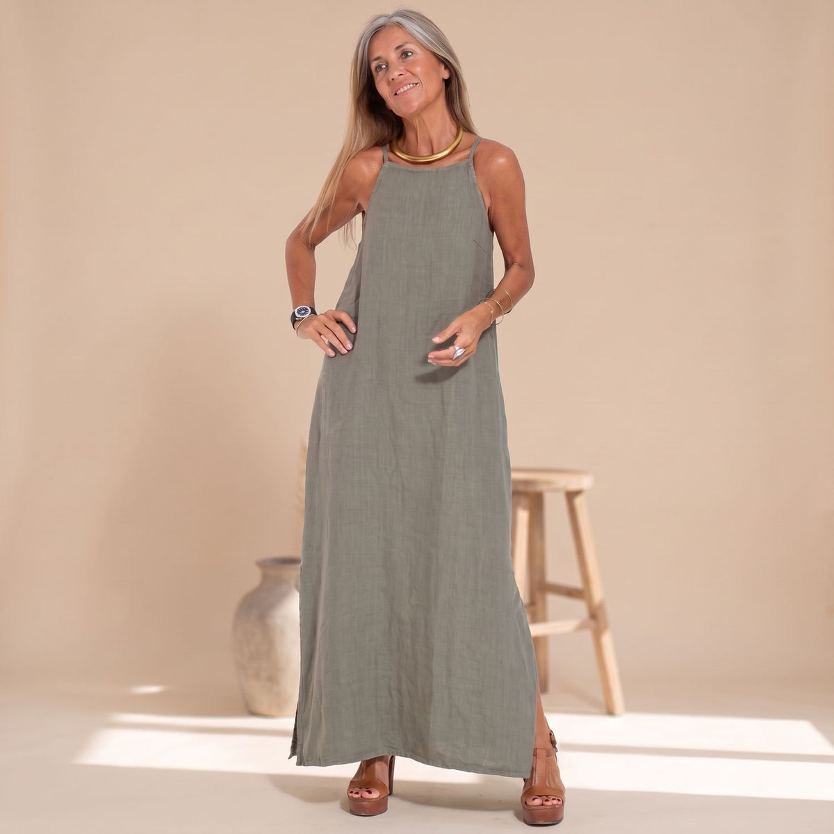 Women's Halter-Neck Sleeveless Linen Maxi Dress Side Split - Green