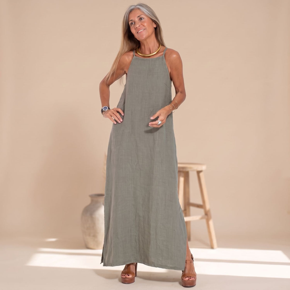 Women's Halter-Neck Sleeveless Linen Maxi Dress Side Split