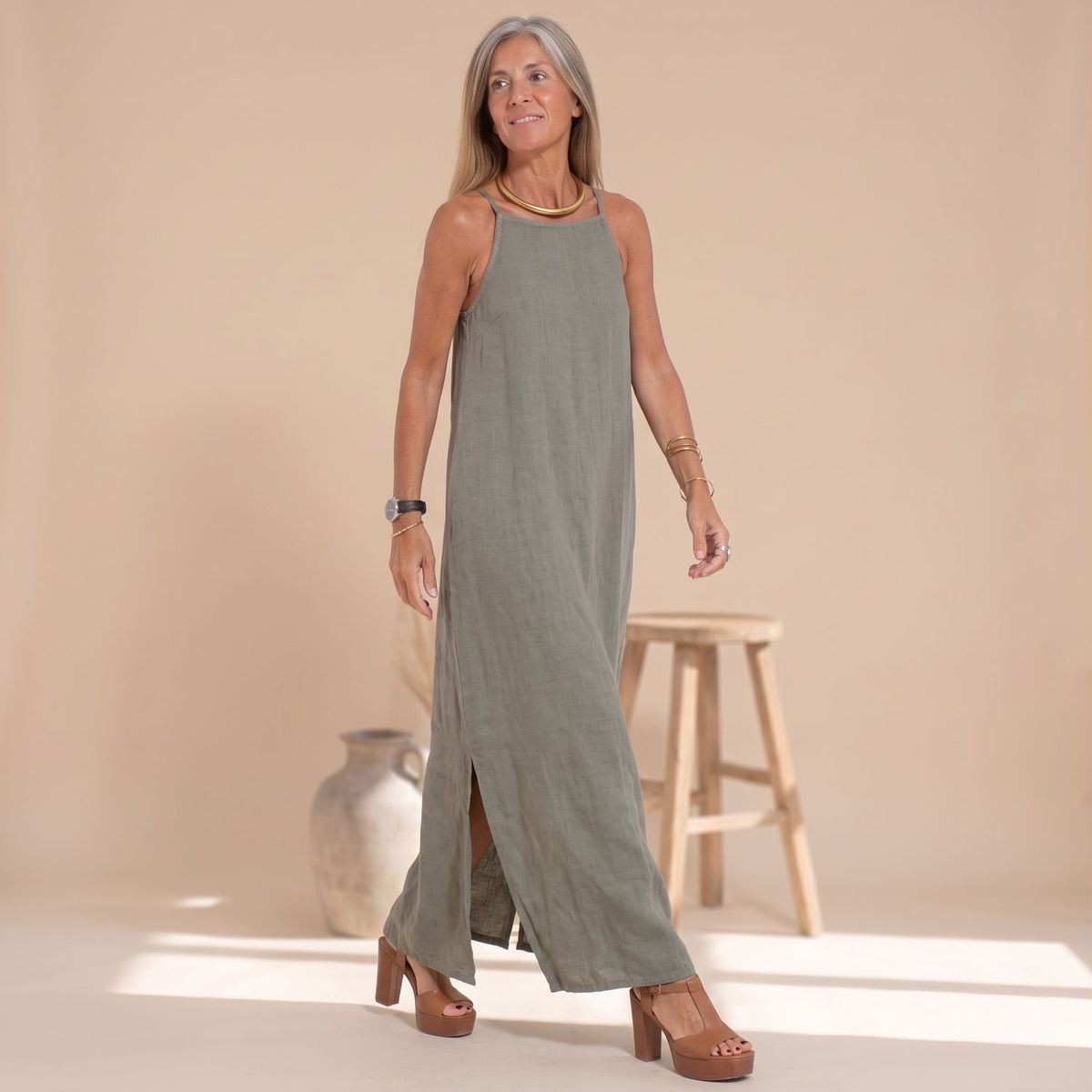 Women's Halter-Neck Sleeveless Linen Maxi Dress Side Split