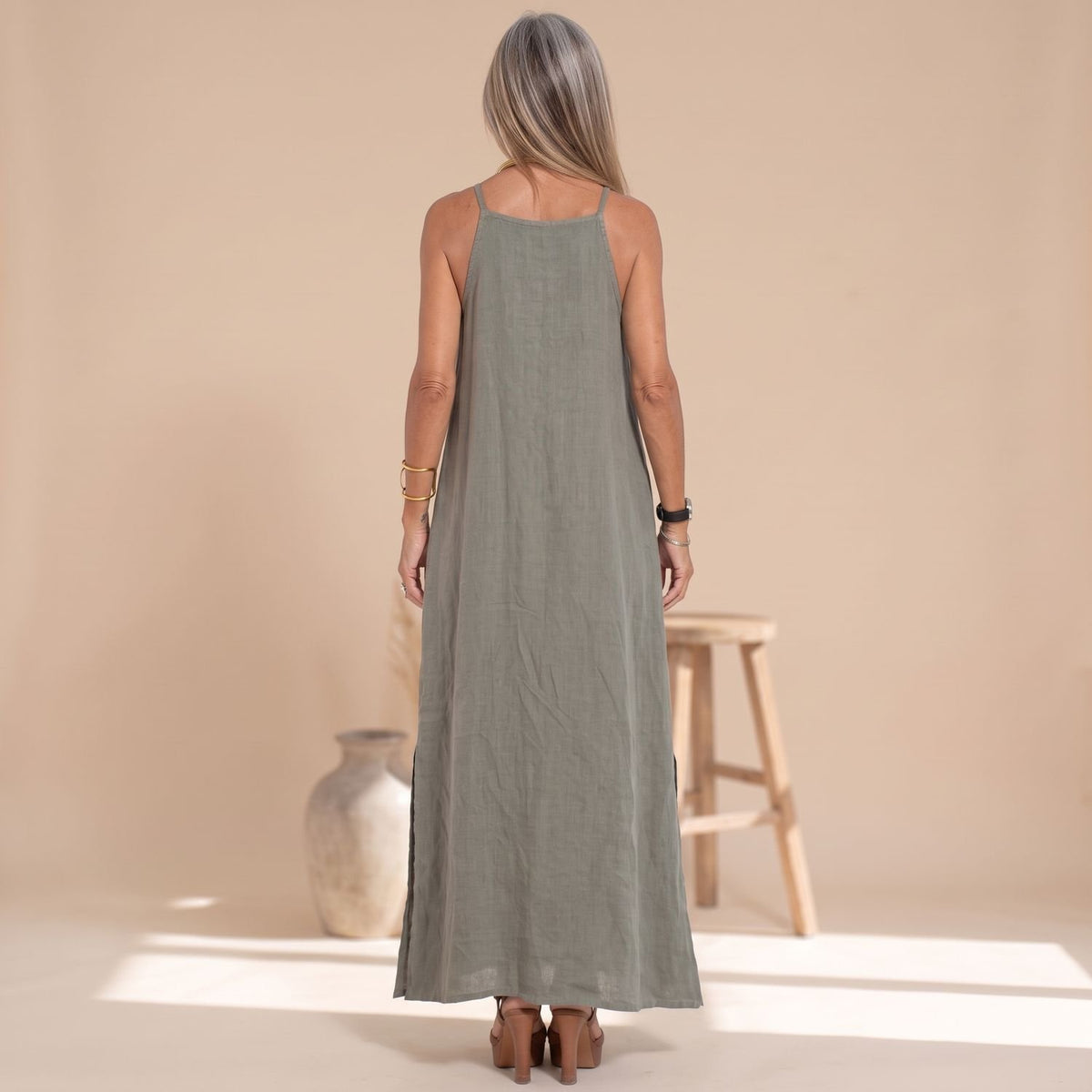Women's Halter-Neck Sleeveless Linen Maxi Dress Side Split