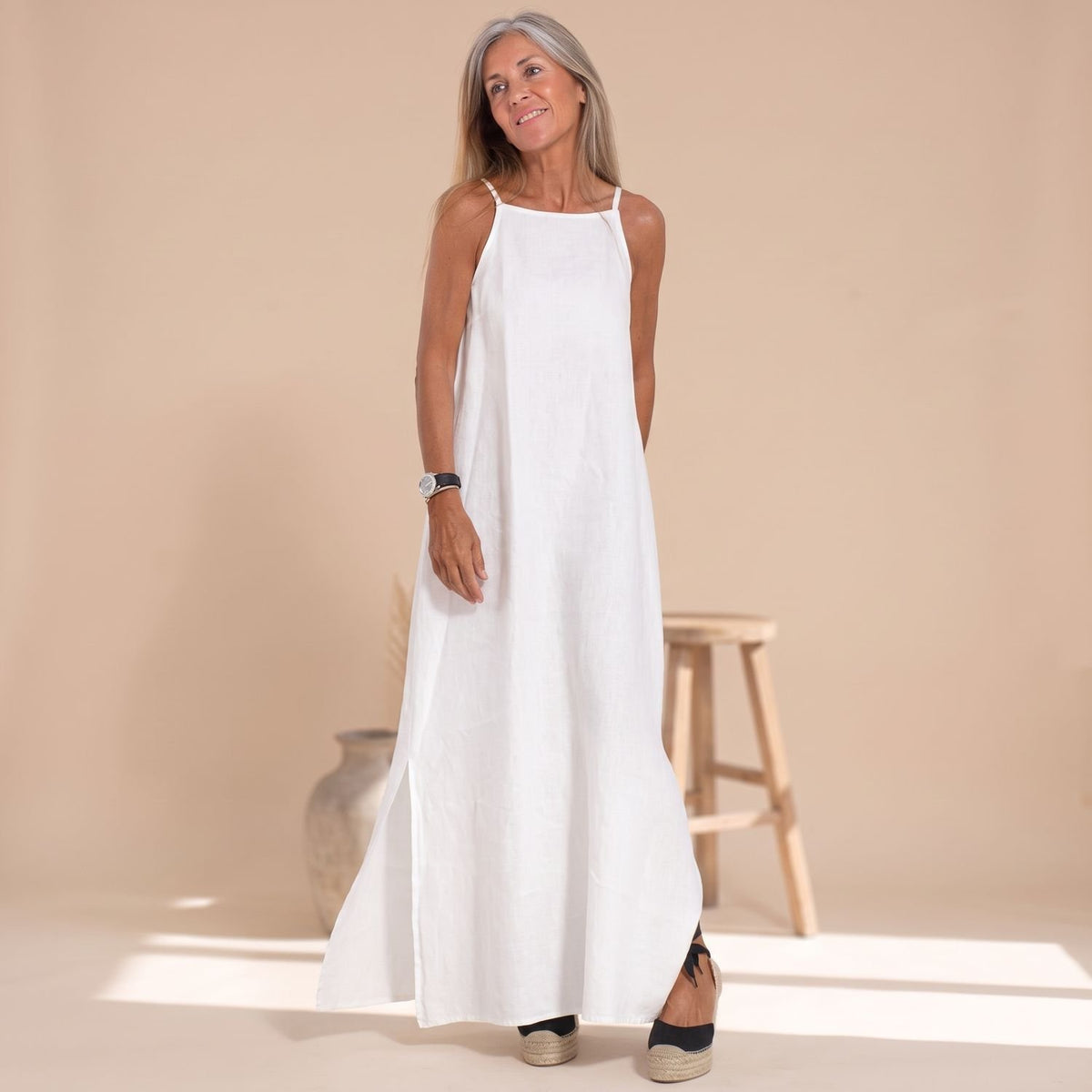 Women's Halter-Neck Sleeveless Linen Maxi Dress Side Split - White