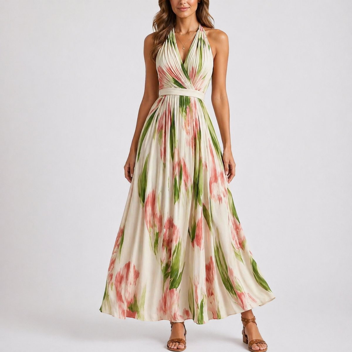 Women's Halter Neck Watercolour Floral Pleated Maxi Dress - Floral