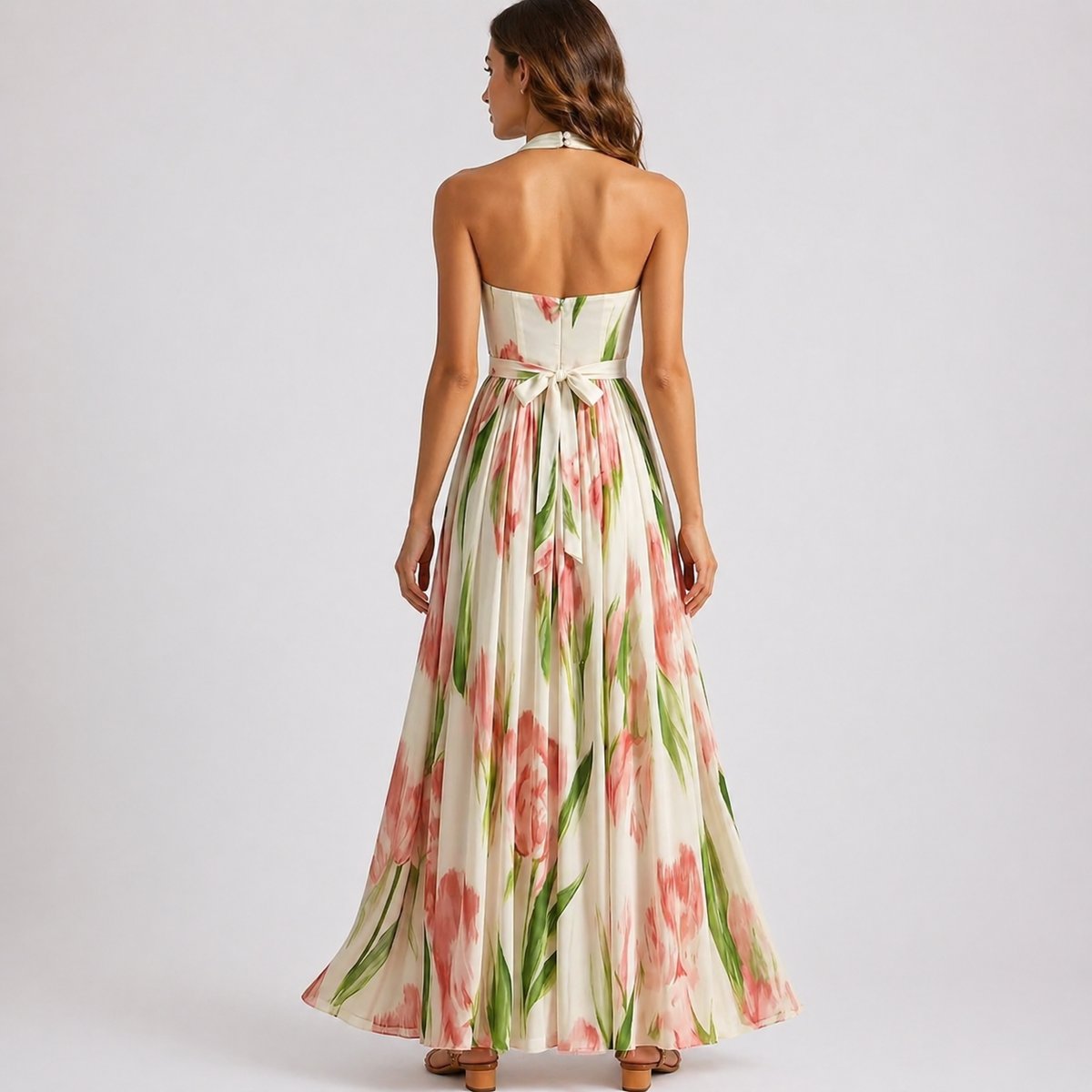Women's Halter Neck Watercolour Floral Pleated Maxi Dress