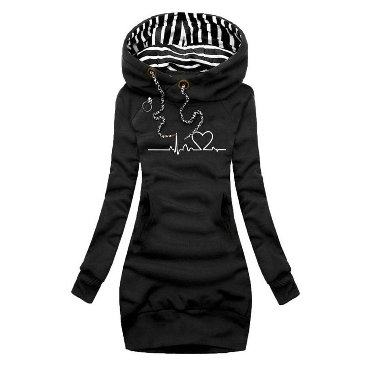 Women's Heartbeat Print Hooded Long Sleeve Dress Jumper - Black