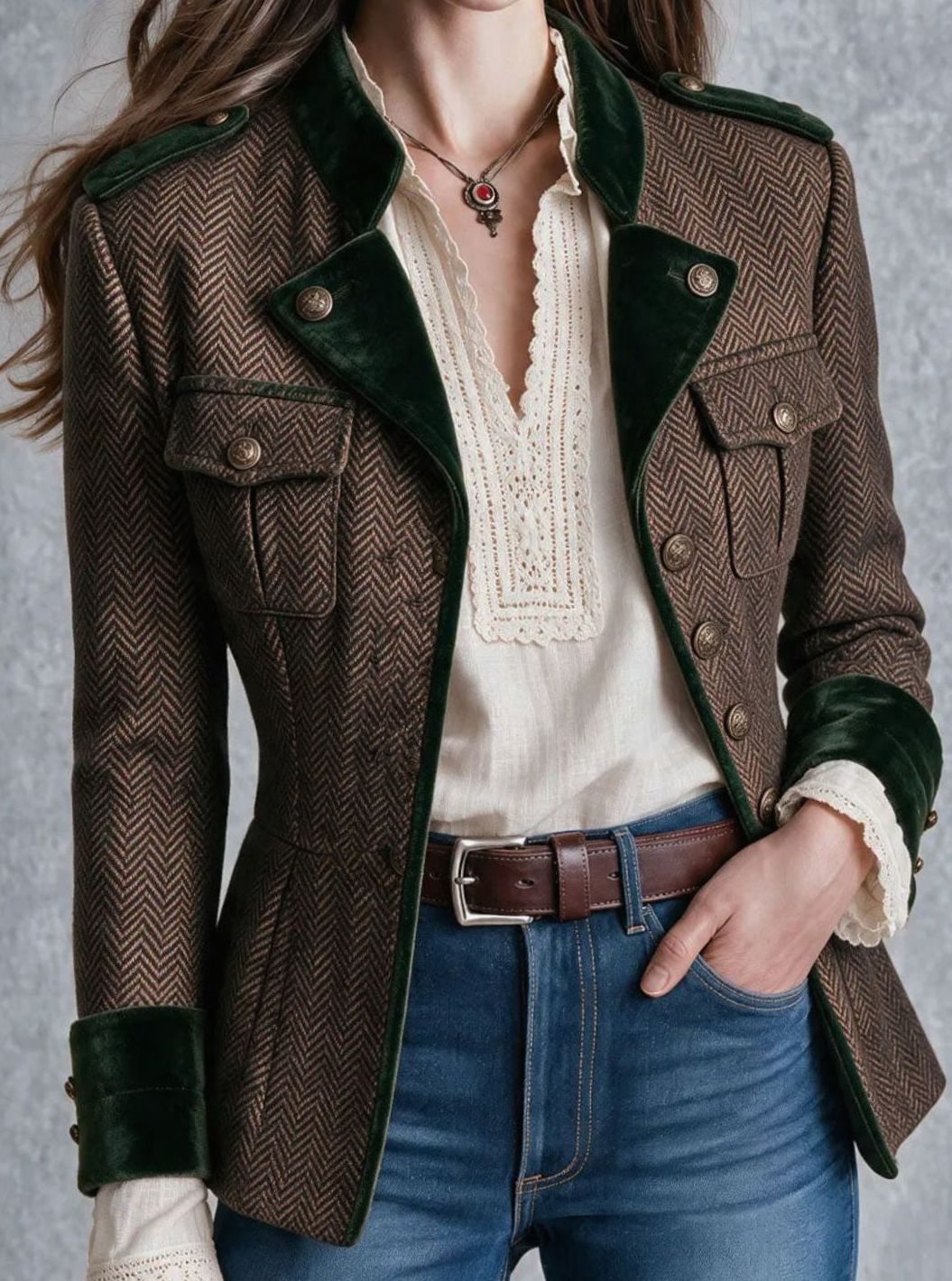 Women's Herringbone Military Velvet-Trim Button Jacket - Brown