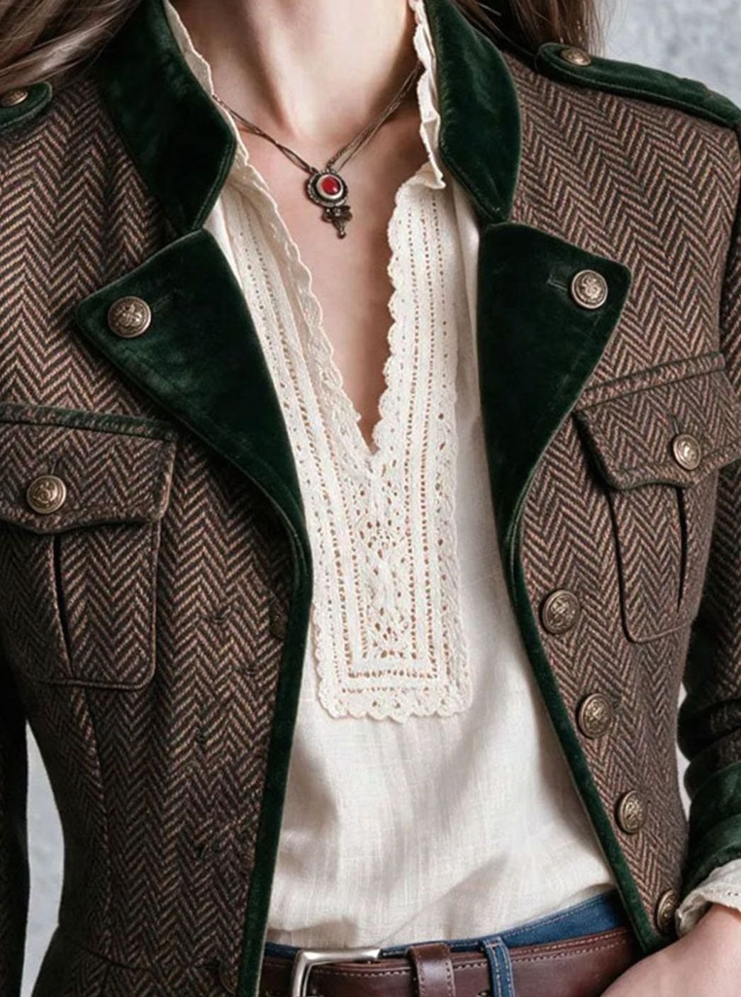 Women's Herringbone Military Velvet-Trim Button Jacket