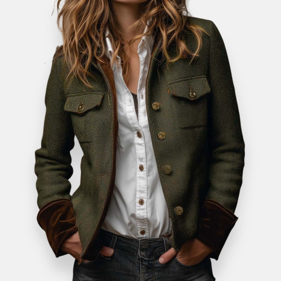 Women's Herringbone Structured Button-Front Long Sleeve Jacket